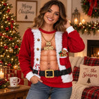 Funny Ho Ho Ho Fake Abs Santa Print Sweater – Christmas Gag Gift Jumper