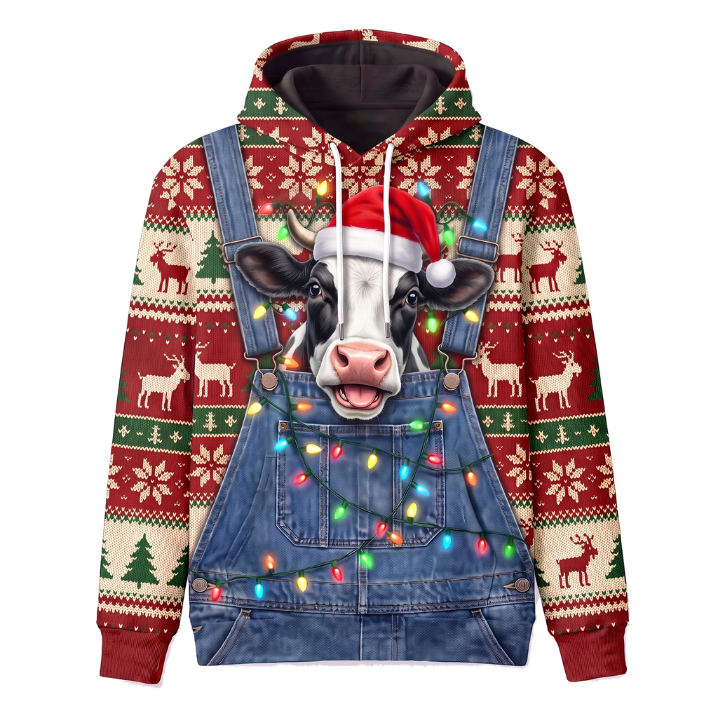 Funny Holstein Cow Christmas Hoodie - Overalls Ugly Sweater Print