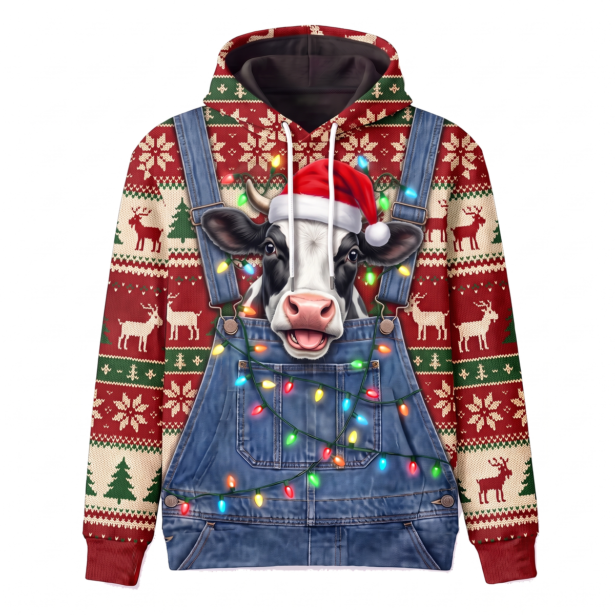 Funny Holstein Cow Christmas Hoodie - Overalls Ugly Sweater Print