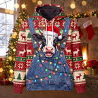 Funny Holstein Cow Christmas Hoodie - Overalls Ugly Sweater Print