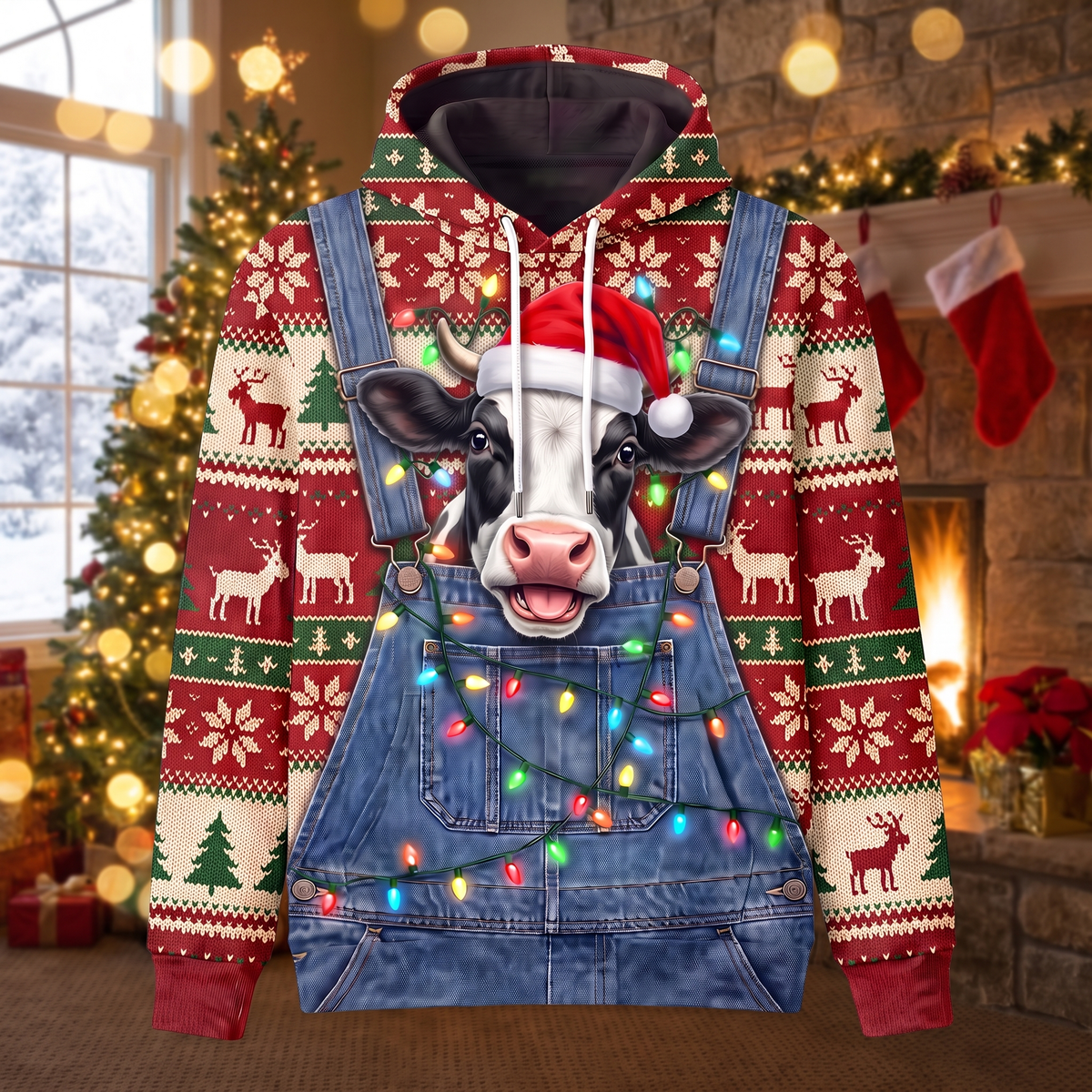 Funny Holstein Cow Christmas Hoodie - Overalls Ugly Sweater Print