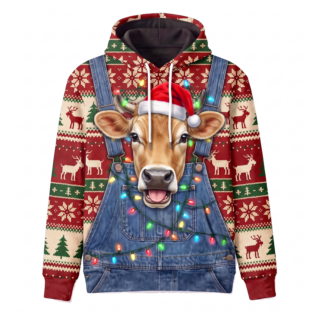 Funny Jersey Cow Christmas Hoodie - Overalls Ugly Sweater Print
