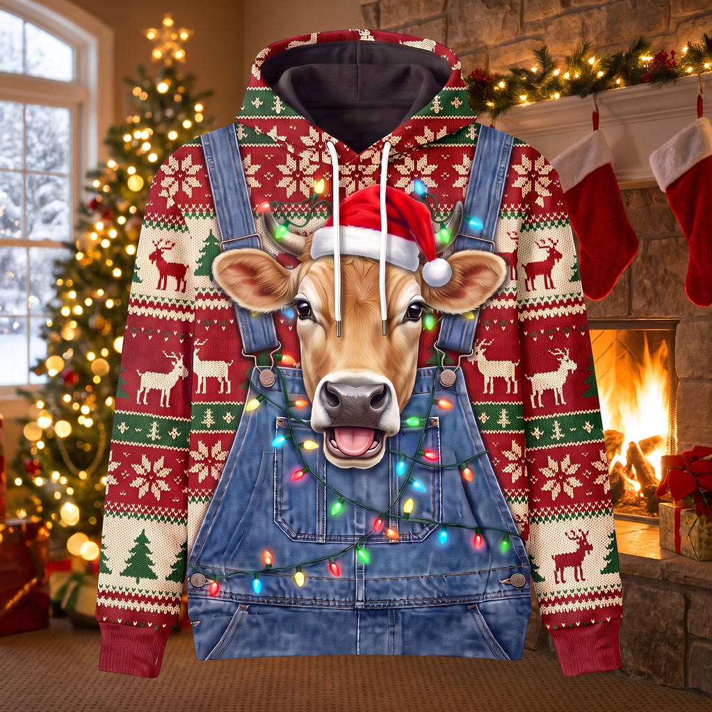 Funny Jersey Cow Christmas Hoodie - Overalls Ugly Sweater Print