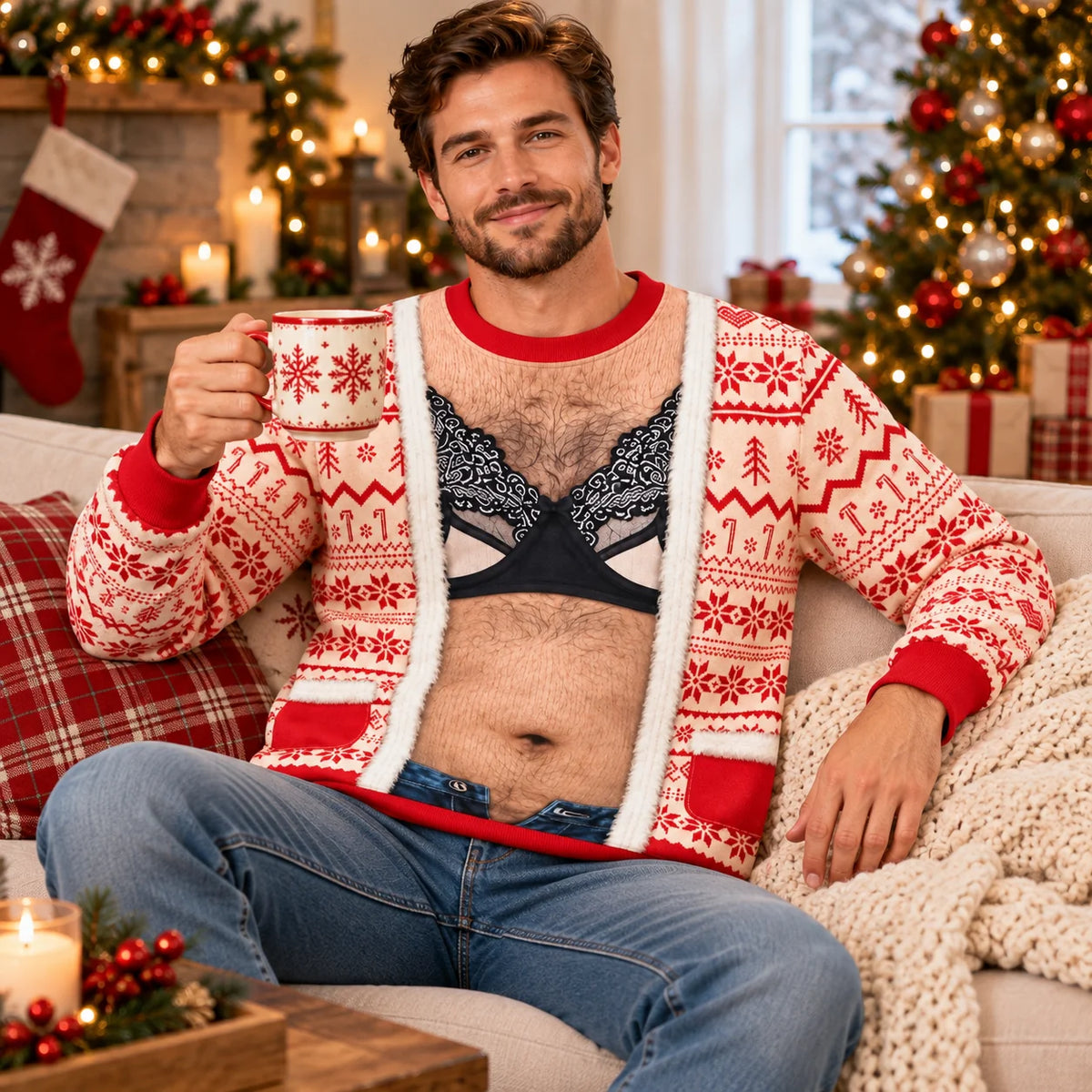 Funny Lace Bra Body Illusion Christmas Novelty Pullover Ugly Sweater