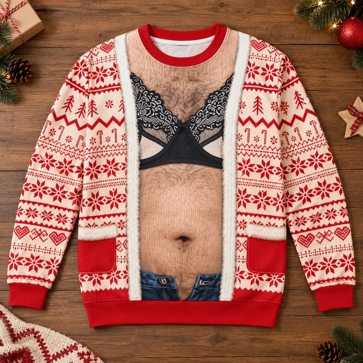 Funny Lace Bra Body Illusion Christmas Novelty Pullover Ugly Sweater