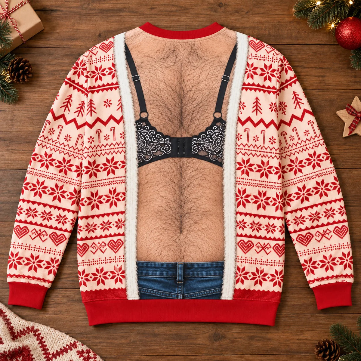 Funny Lace Bra Body Illusion Christmas Novelty Pullover Ugly Sweater