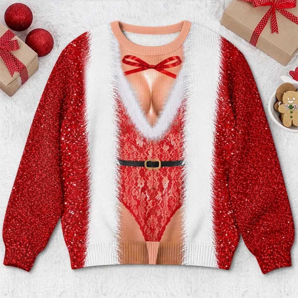 Funny Lace Santa Bodysuit Print Bold Christmas Party Sweater