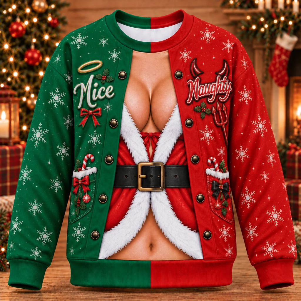Funny Naughty or Nice Christmas 3D Optical Illusion Ugly Christmas Sweater