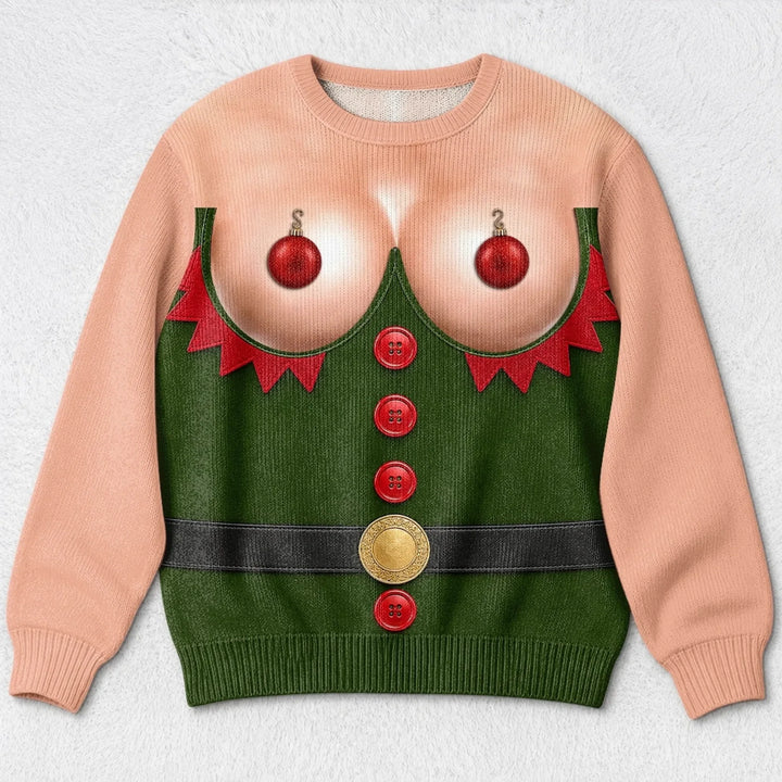 Funny Ornament Bust Elf Playful Christmas Statement Top Print Sweater