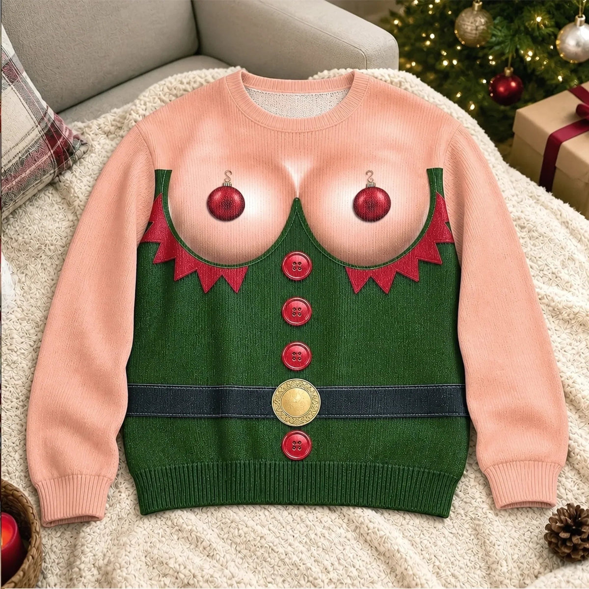 Funny Ornament Bust Elf Playful Christmas Statement Top Print Sweater