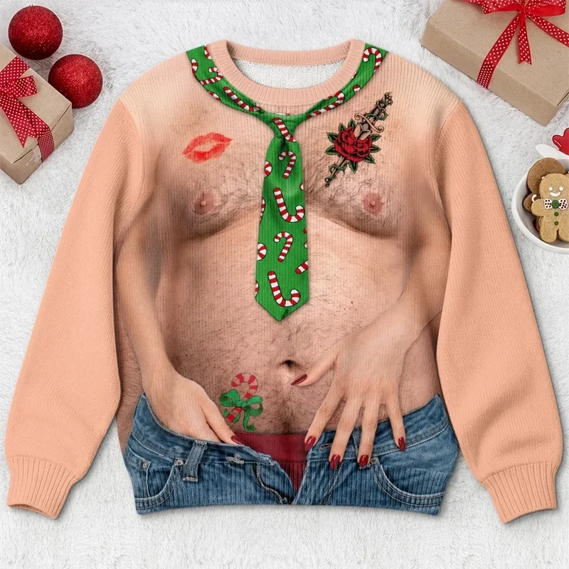 Funny Realistic Shirtless Man Illusion Christmas Ugly Sweater