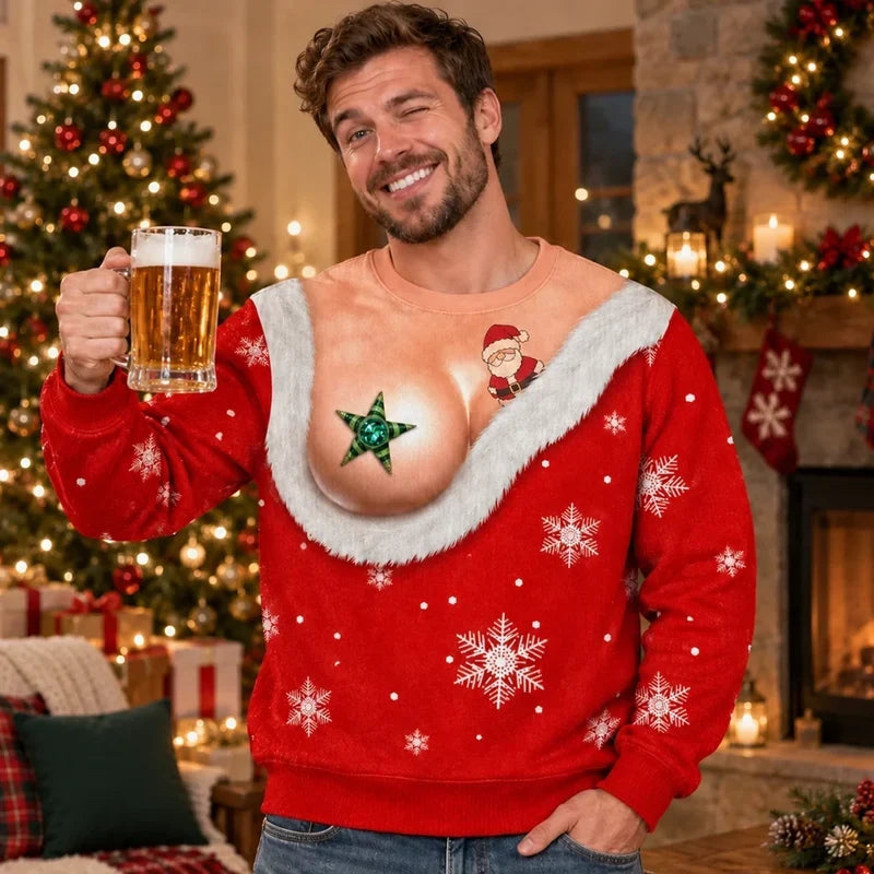 Funny Realistic Shirtless Santa Belly Illusion Christmas Ugly Sweater