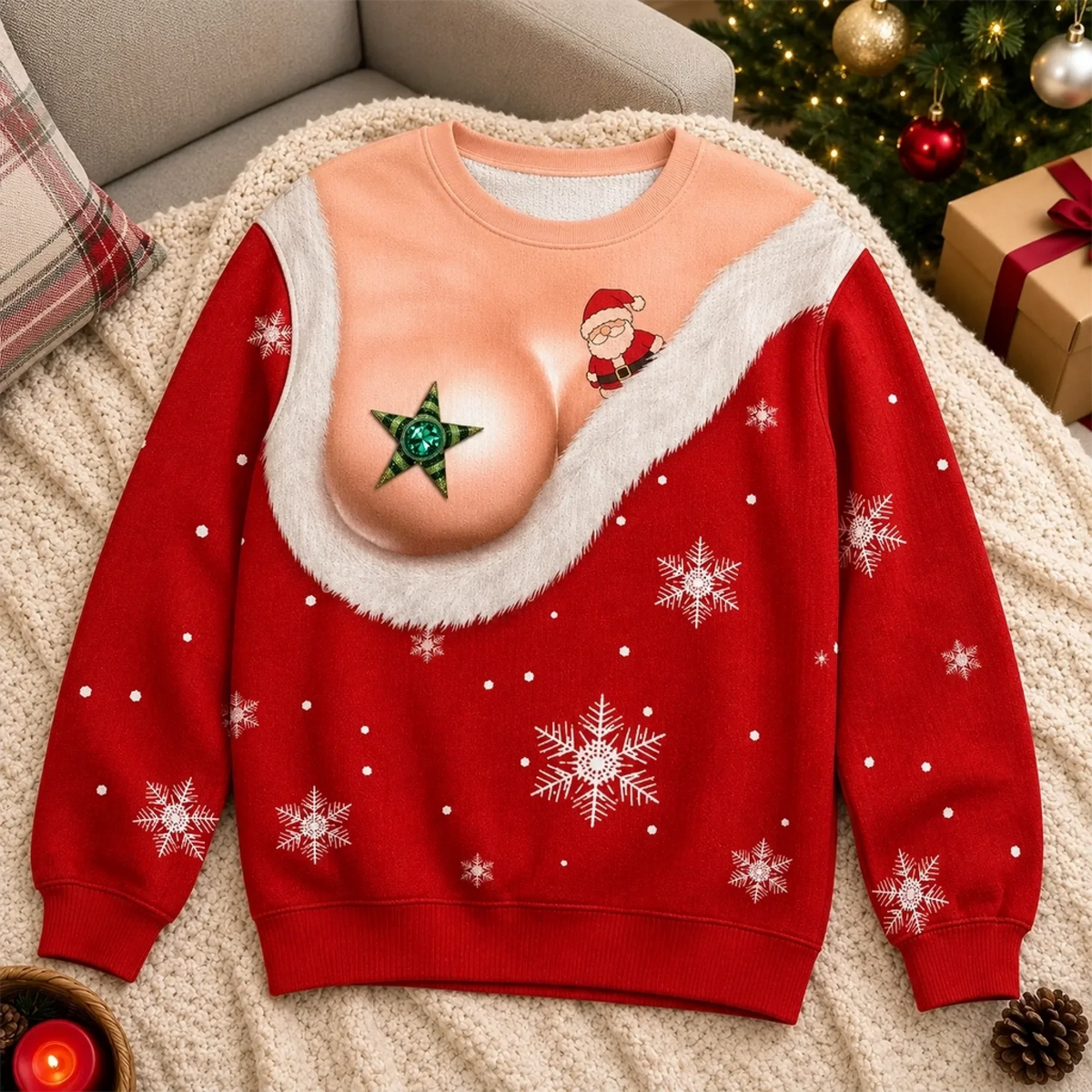 Funny Realistic Shirtless Santa Belly Illusion Christmas Ugly Sweater