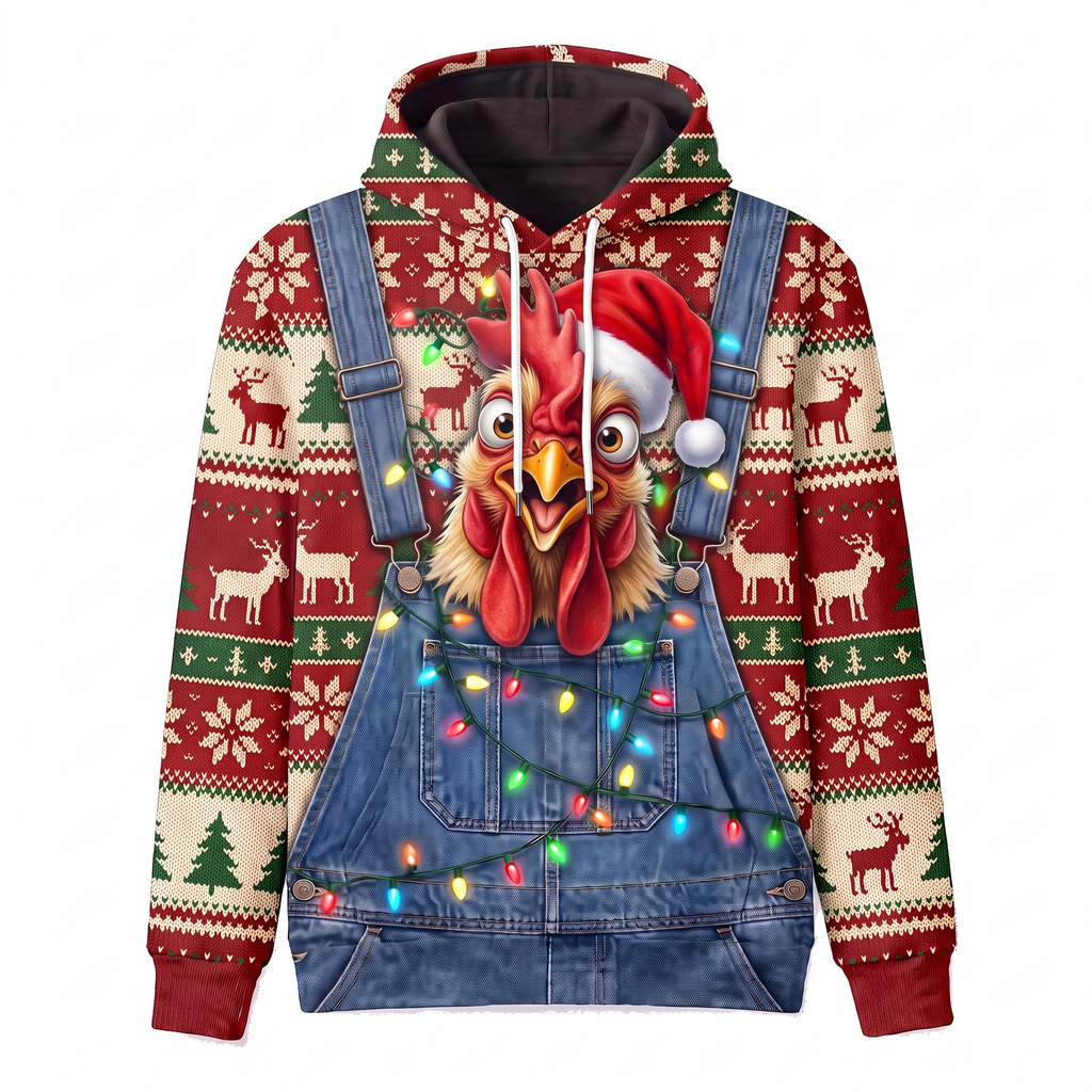 Funny Rooster Christmas Hoodie - Santa Rooster Overalls Ugly Christmas Sweater Style