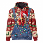 Funny Rooster Christmas Hoodie - Santa Rooster Overalls Ugly Christmas Sweater Style