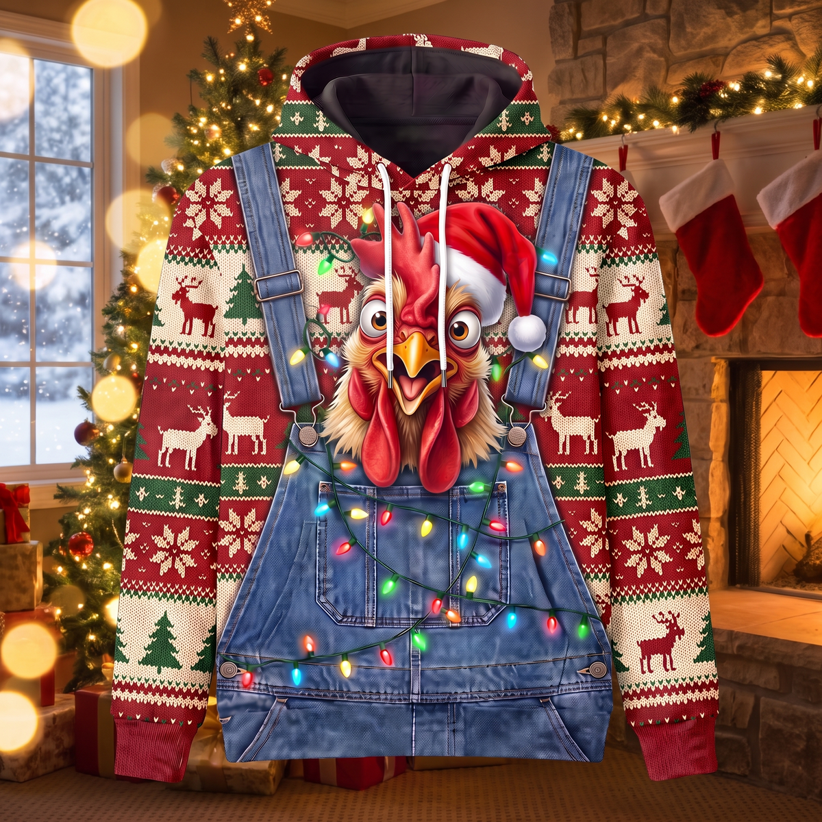 Funny Rooster Christmas Hoodie - Santa Rooster Overalls Ugly Christmas Sweater Style