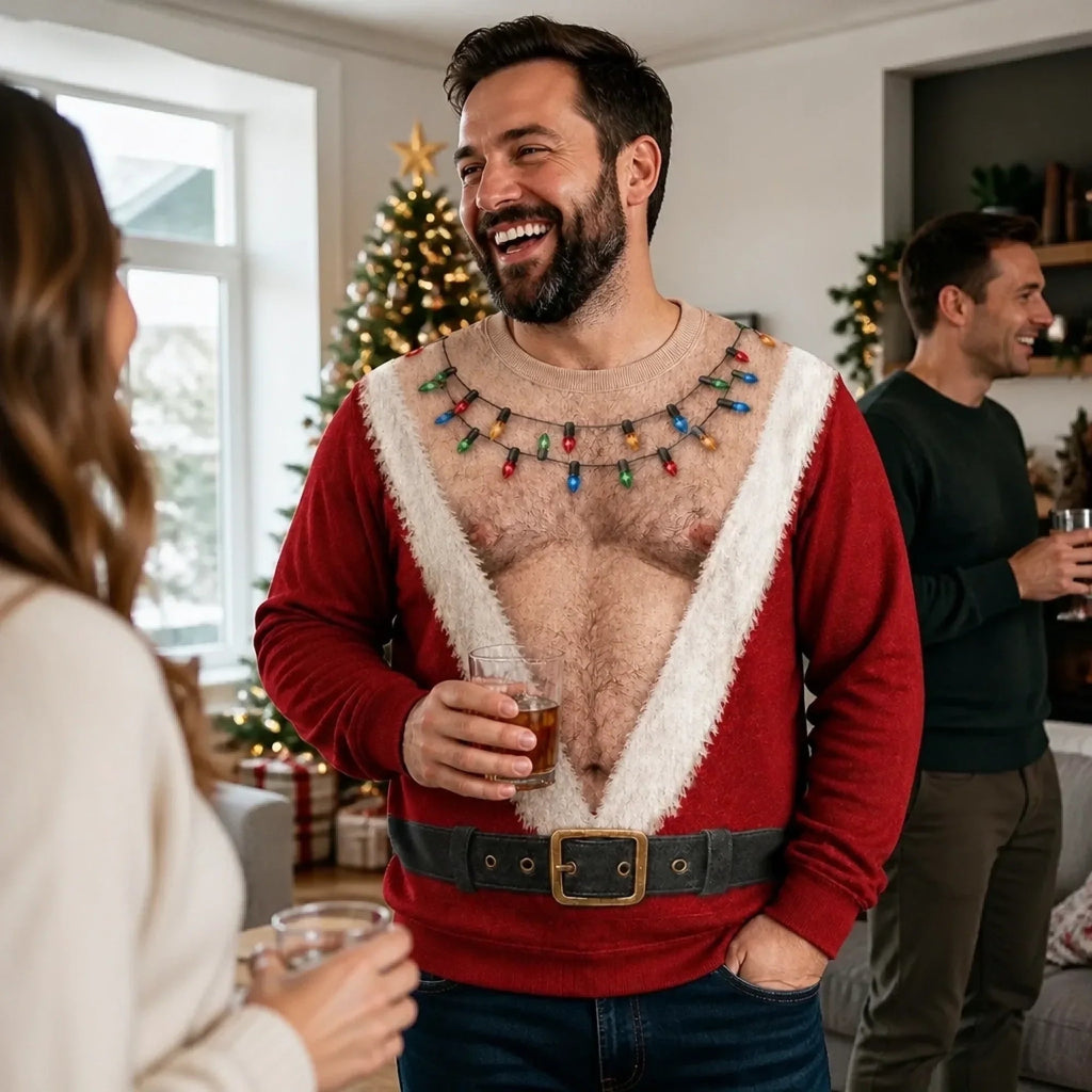 Funny Santa Abs Christmas Light Print Ugly Christmas Sweater