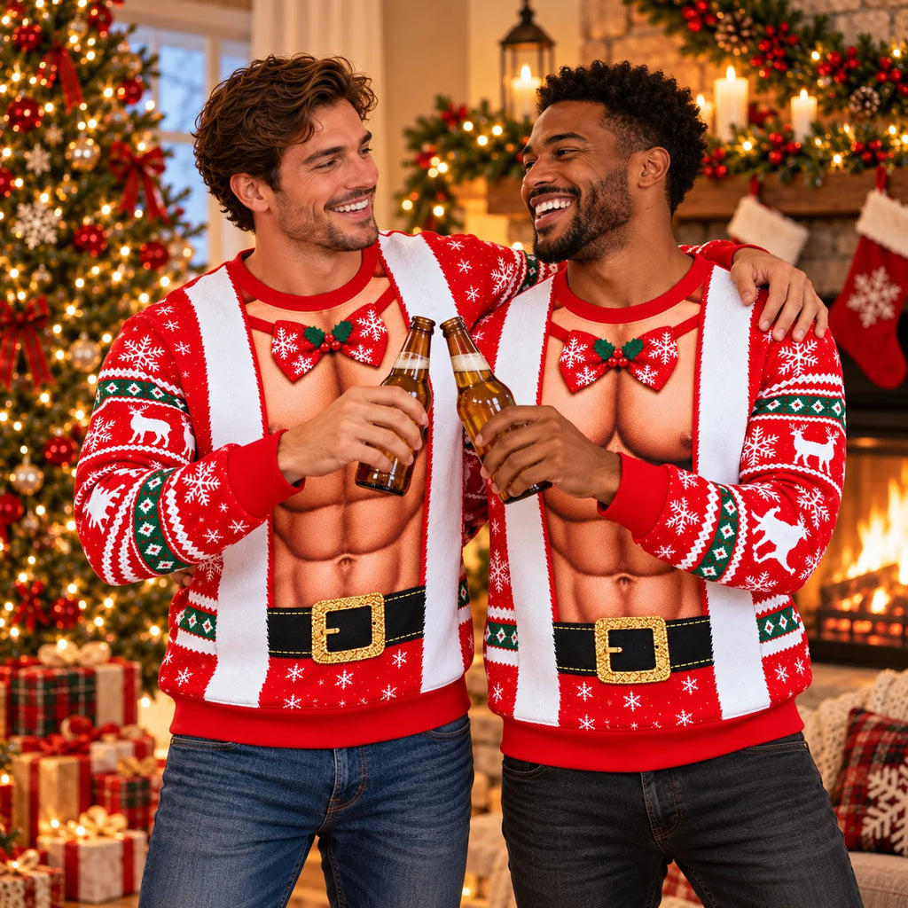 Funny Santa Abs Print Christmas Pullover Sweater