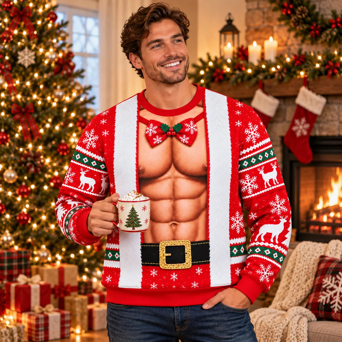 Funny Santa Abs Print Christmas Pullover Sweater