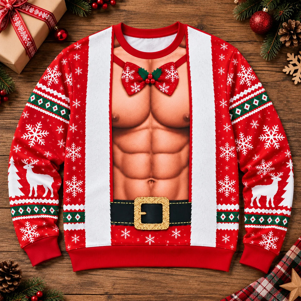 Funny Santa Abs Print Christmas Pullover Sweater