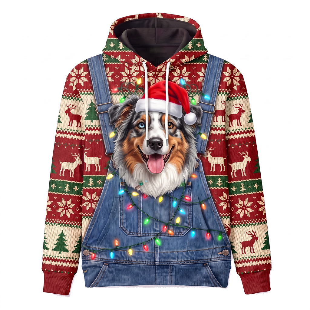 Funny Santa Australian Shepherd Christmas Hoodie - Aussie Dog Overalls Ugly Christmas Sweater Style
