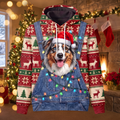 Funny Santa Australian Shepherd Christmas Hoodie - Aussie Dog Overalls Ugly Christmas Sweater Style