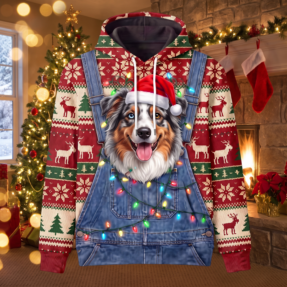 Funny Santa Australian Shepherd Christmas Hoodie - Aussie Dog Overalls Ugly Christmas Sweater Style
