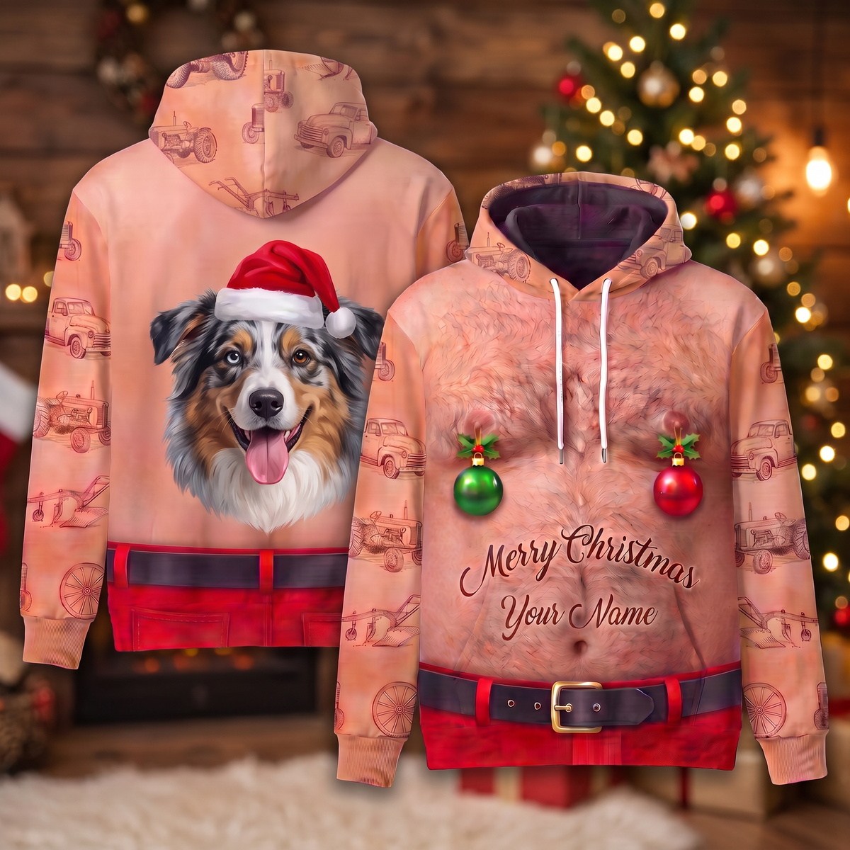 Funny Santa Australian Shepherd Hairy Belly Hoodie - Custom Name Aussie Dog Christmas