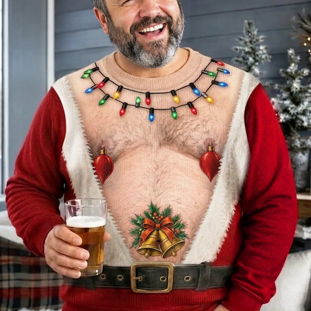 Funny Santa Belly Illusion with Christmas Lights Ugly Sweater