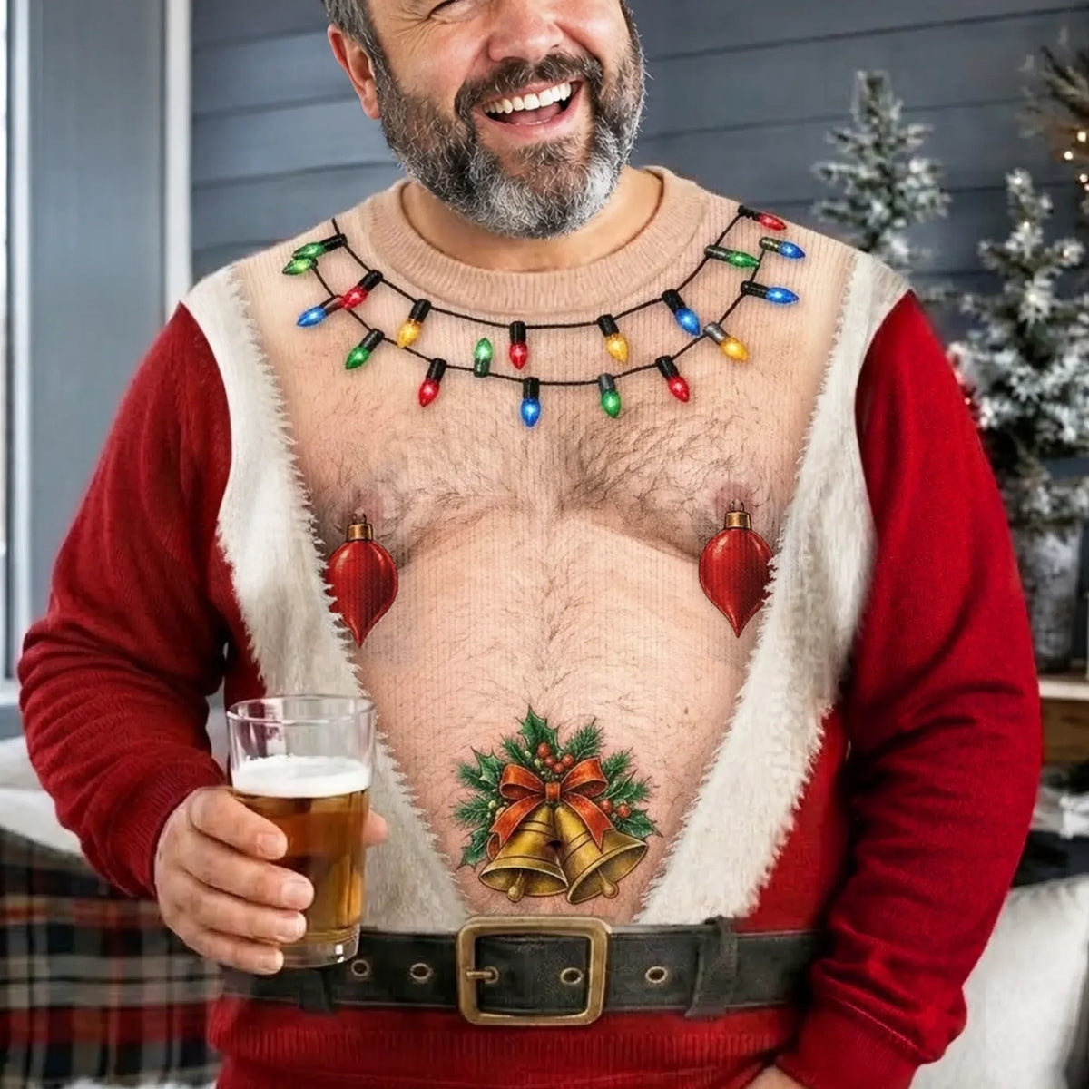 Funny Santa Belly Illusion with Christmas Lights Ugly Sweater