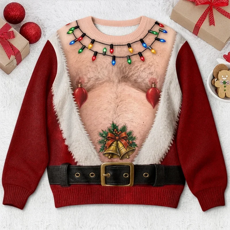 Funny Santa Belly Illusion with Christmas Lights Ugly Sweater