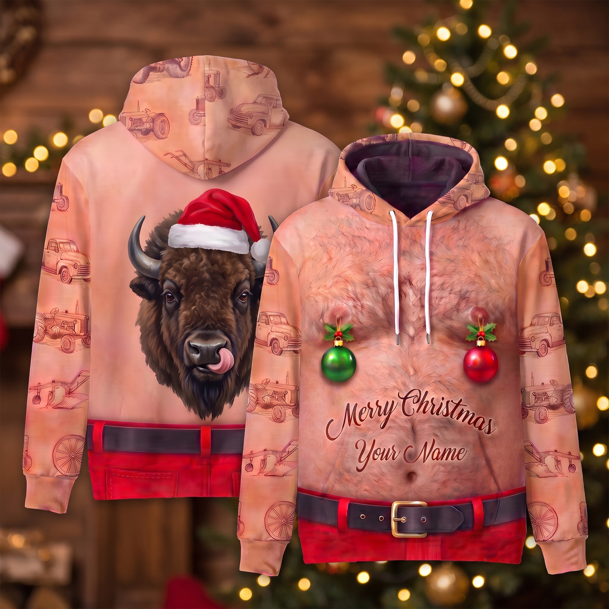 Funny Santa Bison Hairy Belly Hoodie - Custom Name Buffalo Christmas
