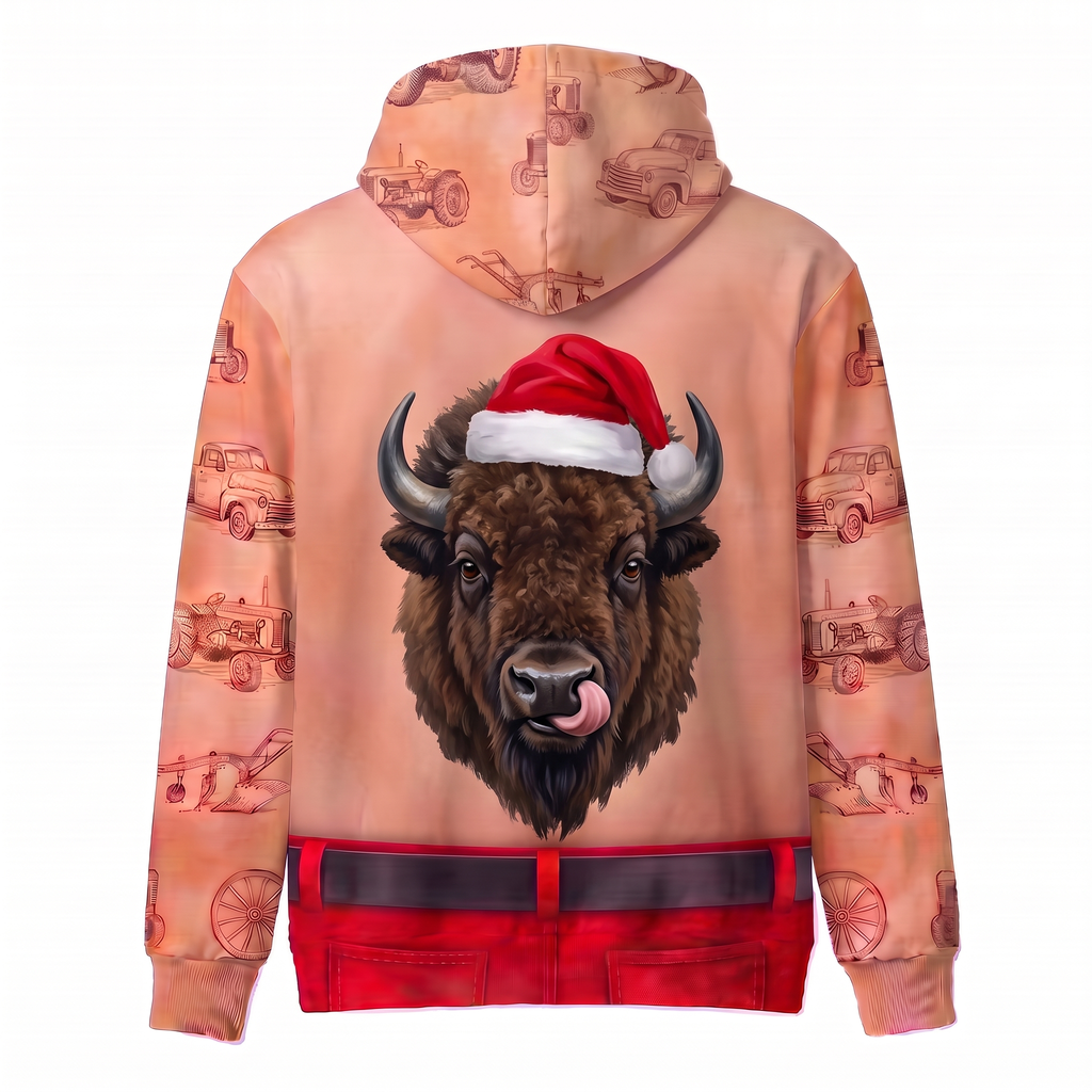 Funny Santa Bison Hairy Belly Hoodie - Custom Name Buffalo Christmas