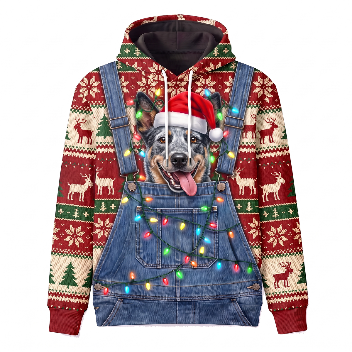 Funny Santa Blue Heeler Christmas Hoodie - Cattle Dog Overalls Ugly Christmas Sweater Style