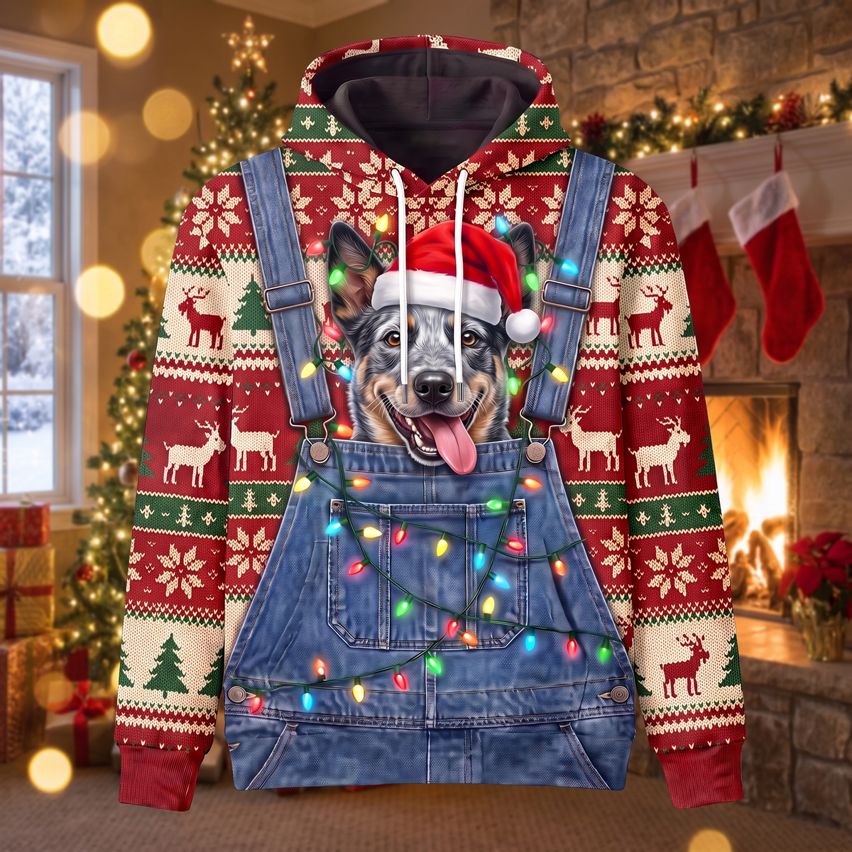 Funny Santa Blue Heeler Christmas Hoodie - Cattle Dog Overalls Ugly Christmas Sweater Style