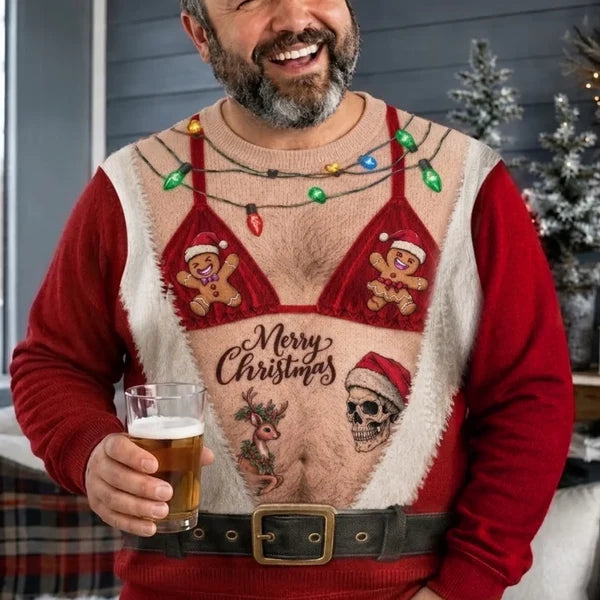 Funny Santa Body Illusion Sweater with Lights Christmas Ugly Sweater