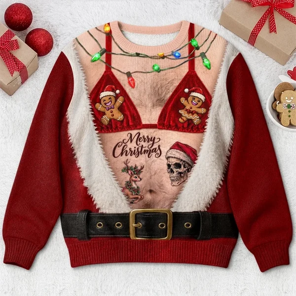 Funny Santa Body Illusion Sweater with Lights Christmas Ugly Sweater