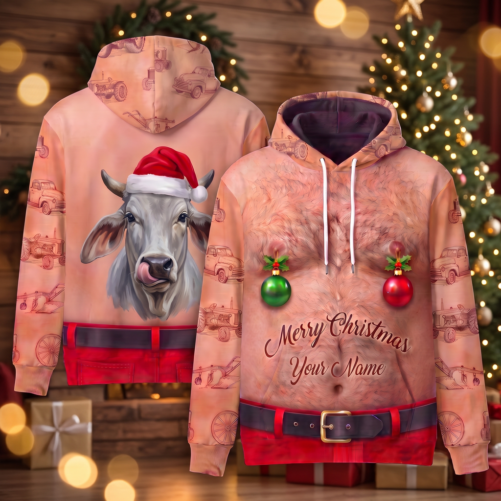 Funny Santa Brahman Cattle Hairy Belly Hoodie - Custom Name Cow Christmas