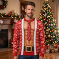 Funny Santa Fake Abs & Hairy Chest Body Illusion Holiday Ugly Christmas Sweater