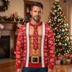 Funny Santa Fake Abs & Hairy Chest Body Illusion Holiday Ugly Christmas Sweater