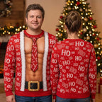 Funny Santa Fake Abs & Hairy Chest Body Illusion Holiday Ugly Christmas Sweater