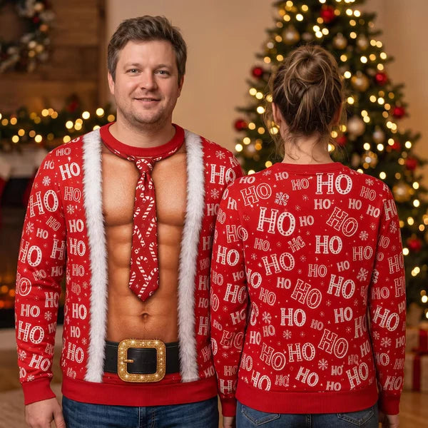 Funny Santa Fake Abs & Hairy Chest Body Illusion Holiday Ugly Christmas Sweater