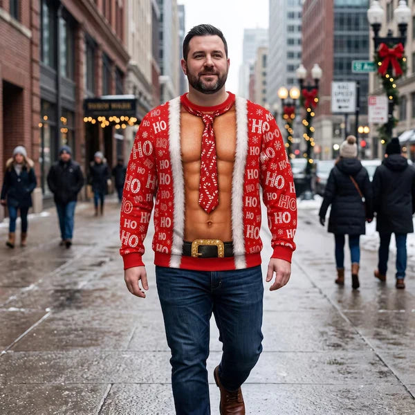 Funny Santa Fake Abs & Hairy Chest Body Illusion Holiday Ugly Christmas Sweater