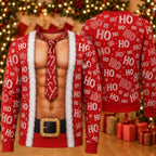 Funny Santa Fake Abs & Hairy Chest Body Illusion Holiday Ugly Christmas Sweater