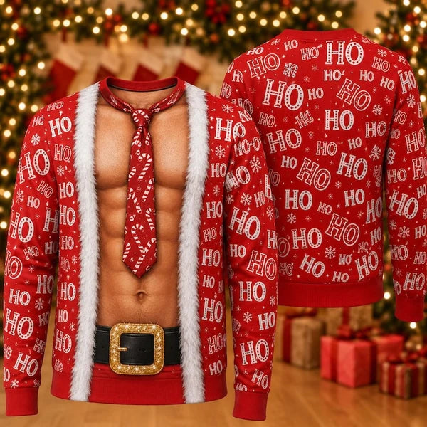 Funny Santa Fake Abs & Hairy Chest Body Illusion Holiday Ugly Christmas Sweater