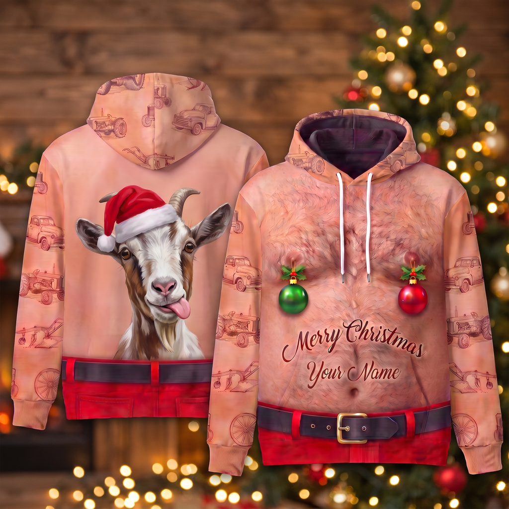 Funny Santa Goat Hairy Belly Hoodie - Custom Name Goat Christmas