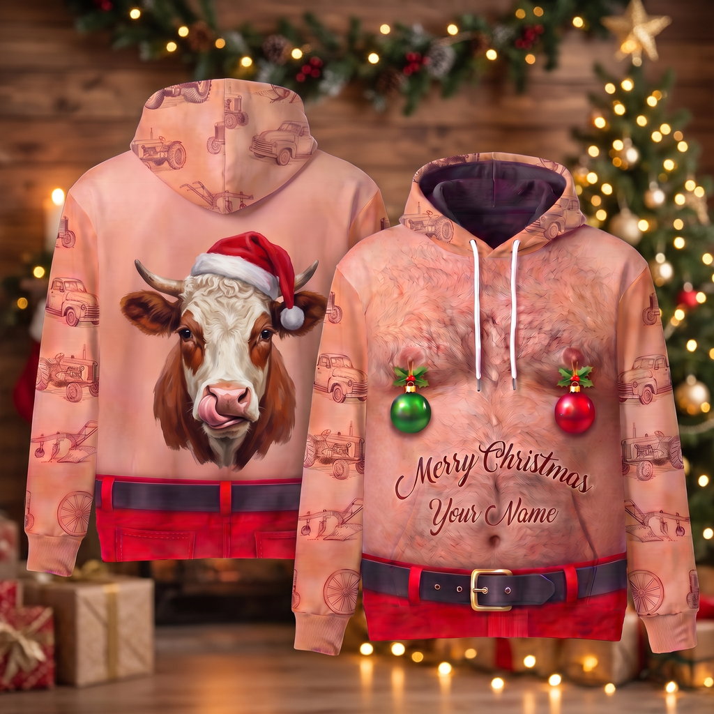 Funny Santa Hereford Cattle Hairy Belly Hoodie - Custom Name Cow Christmas