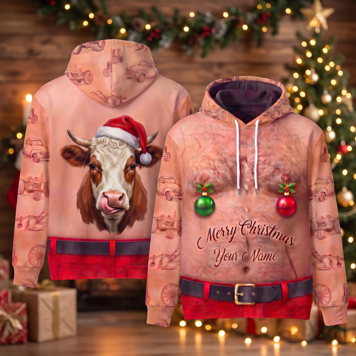 Funny Santa Hereford Cattle Hairy Belly Hoodie - Custom Name Cow Christmas
