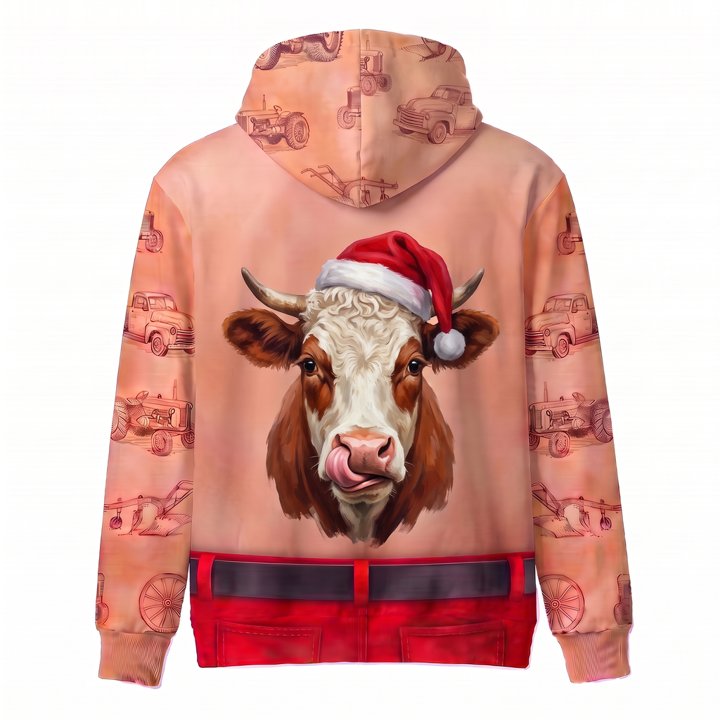 Funny Santa Hereford Cattle Hairy Belly Hoodie - Custom Name Cow Christmas
