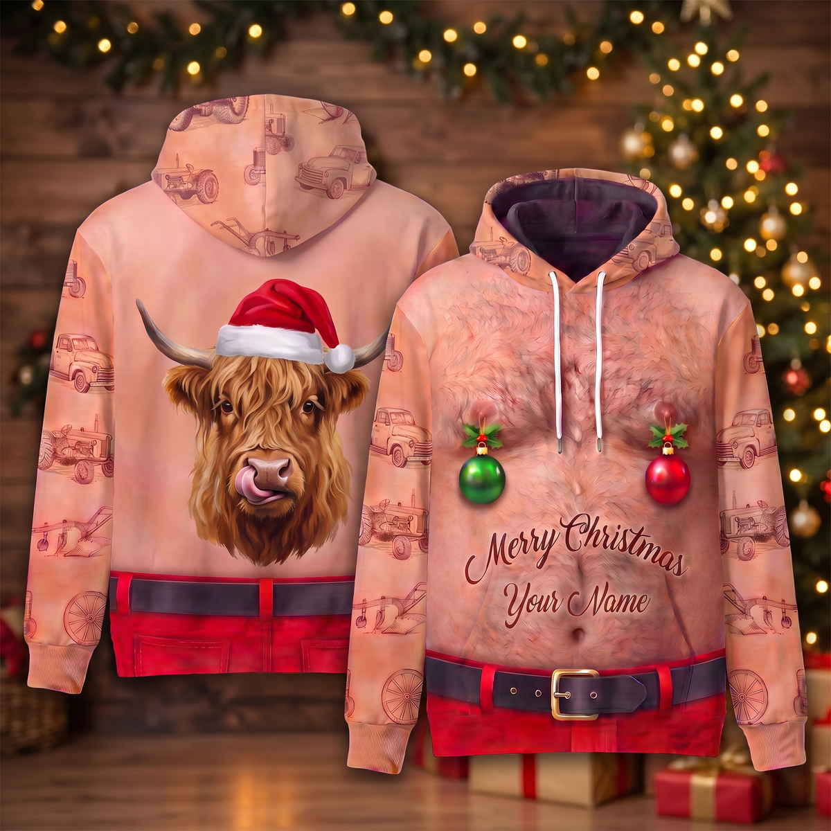 Funny Santa Highland Cow Hairy Belly Hoodie - Custom Name Fluffy Cow Christmas